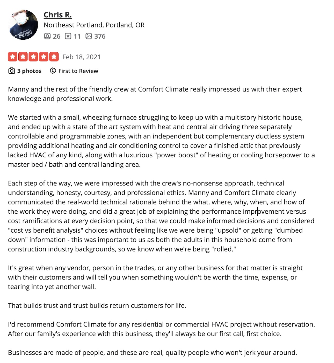 Comfort Climate NE Portland 5-Star Reviews